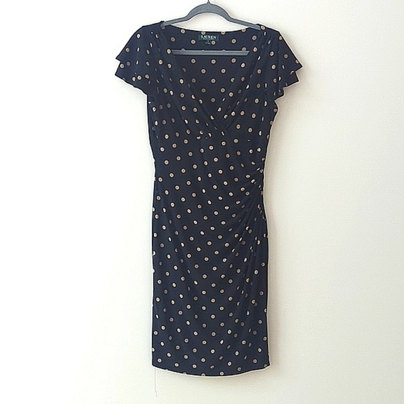 Lauren Ralph Lauren Faux Wrap Flutter Sleeve Black Tan Polka Dot Dress‎ - Picture 1 of 7